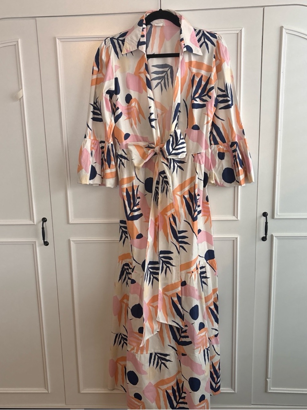 Cream Maxi Dress with Pink, Peach & Navy Leaf Print. cotton.
